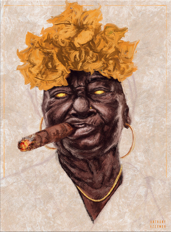 Mama Gold by Anthony Azekwoh: a dark-skinned matriarch crowned with gold curls, smoking a cigar, with glowing gold eyes, gold hoop earrings and a gold chain.