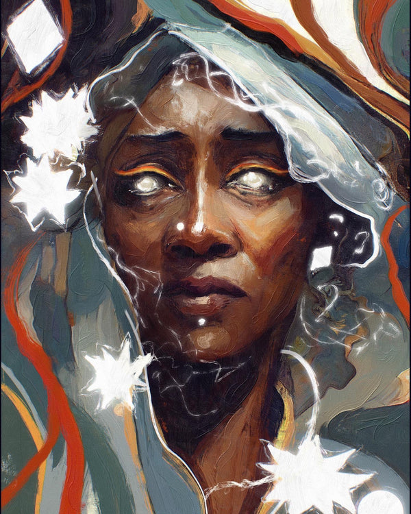 Stardust by Anthony Azekwoh: a loosely painted portrait of an older Black woman with luminous pale eyes, wrapped in grey-blue cloth, surrounded by white eight-pointed stars.