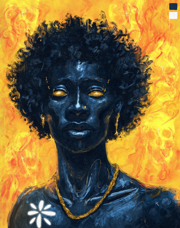 Morningstar by Anthony Azekwoh: an indigo-skinned figure with a large afro and glowing gold eyes against a field of orange flame, wearing a gold chain with a white flower on the chest.