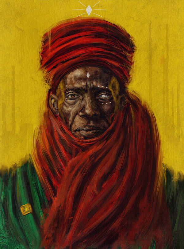 The Traveller by Anthony Azekwoh: an elderly man wrapped in deep red robes and turban with one clouded eye and white marks on his face, a leather amulet at his collar, against a gold ground.