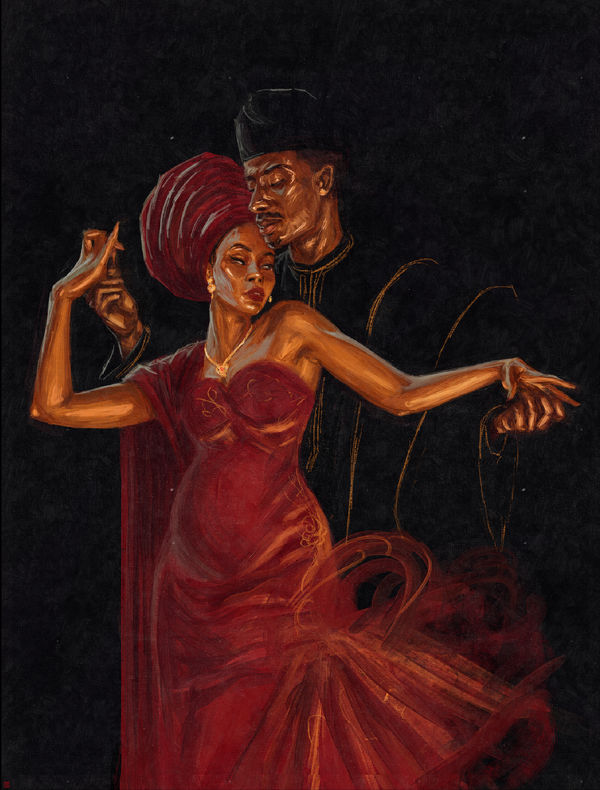 The Last Dance by Anthony Azekwoh — a woman mid-turn in a flowing dress as the room empties, warm gold light, the evening's final dance.