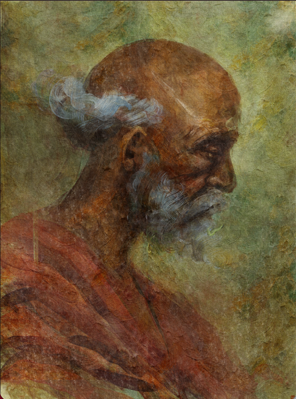 Father Time by Anthony Azekwoh: an old-master style profile of an ancient bald bearded man in red robes against an aged green-gold ground, the surface painted to look cracked with age.