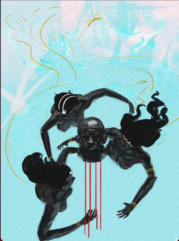 Mami Wata by Anthony Azekwoh: three dark water-spirit figures intertwined in turquoise water with gold serpentine currents and a thread of red, the West African deity of the deep.