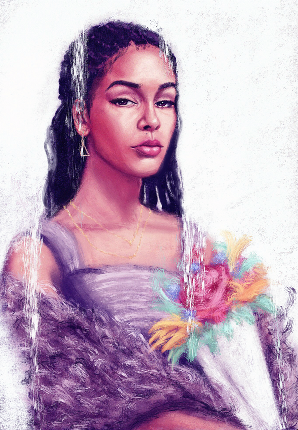 Oriana by Anthony Azekwoh: a soft pastel portrait of a young woman with braided hair threaded with silver, a nose ring, holding a multicoloured bouquet, in lavender and white tones.