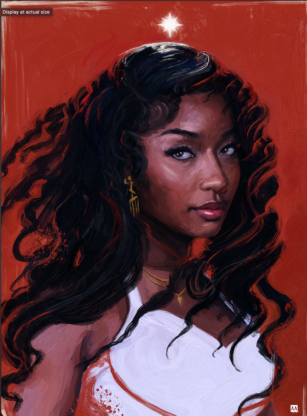 Ayra Starr by Anthony Azekwoh: a portrait of a young woman with long flowing hair glancing over her shoulder, a single bright star above her head, against a deep red background.