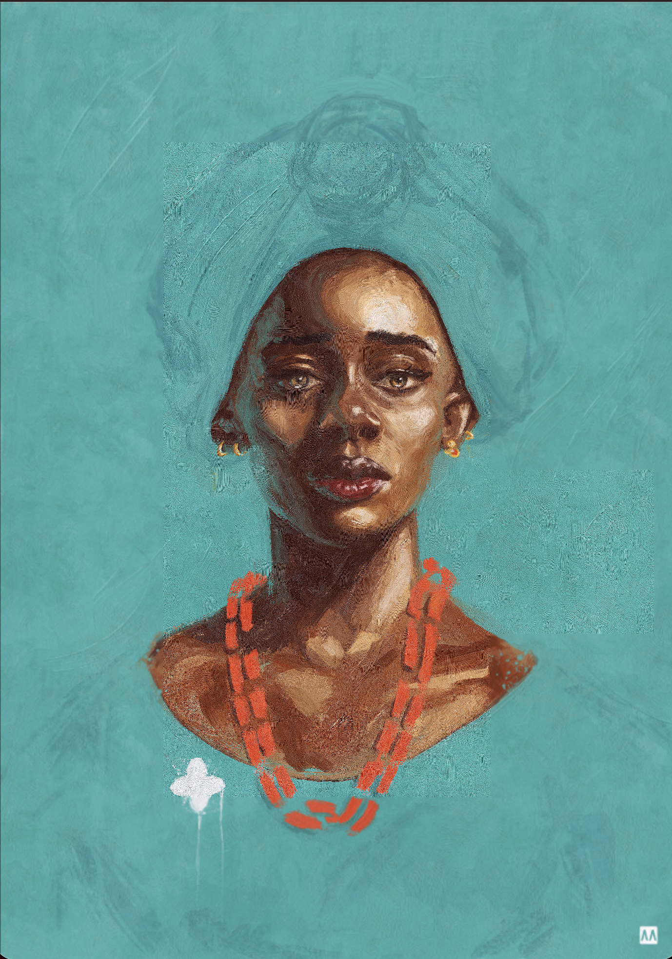 Tutu by Anthony Azekwoh: a serene Black woman in a head-wrap and strands of red coral beads against a teal background, her gaze turned gently downward.