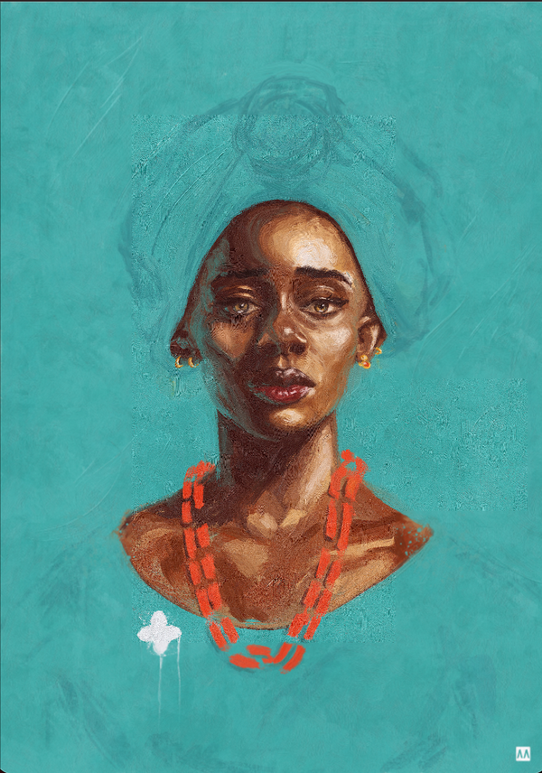 Tutu by Anthony Azekwoh: a serene Black woman in a head-wrap and strands of red coral beads against a teal background, her gaze turned gently downward.