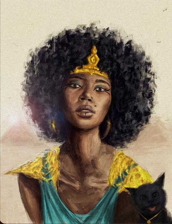 Cleopatra by Anthony Azekwoh: a Black queen with a large afro and a gold cobra crown, in a teal dress with gold shoulder pieces, a black cat beside her and pyramids in the distance.