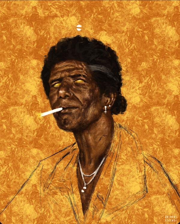 The Lover by Anthony Azekwoh: a weathered older figure with glowing gold eyes and a cigarette, in an open gold shirt and silver chains, against a mottled gold ground.