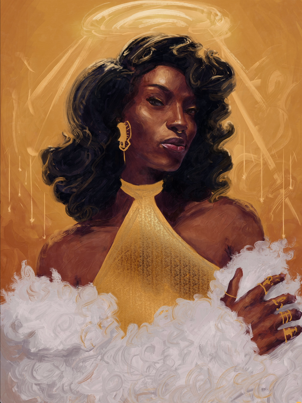 Goldie by Anthony Azekwoh: a glamorous Black woman with voluminous hair glancing over her shoulder, in a gold halter and white fur stole, wearing gold rings and earrings against a gold ground.