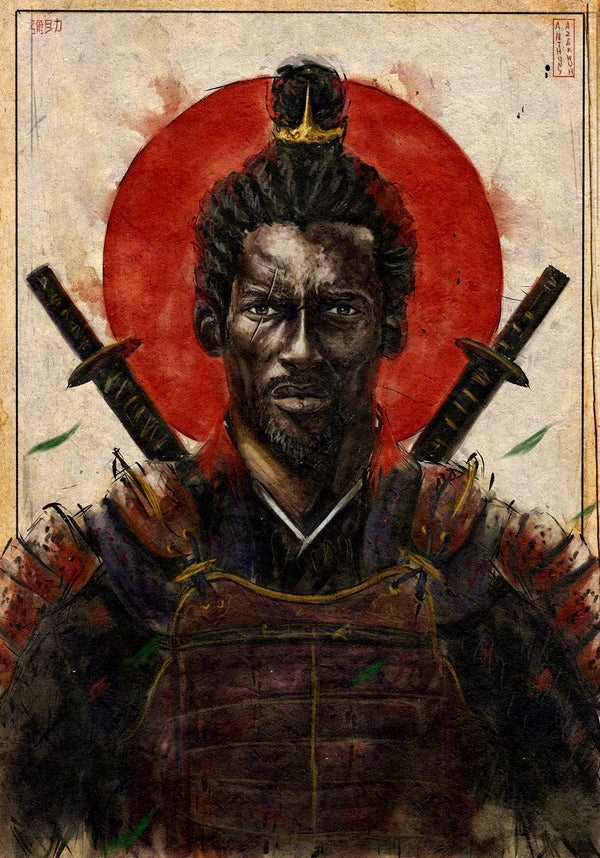 Yasuke by Anthony Azekwoh: the African samurai with two crossed katana before a red sun, in Edo-period armour.