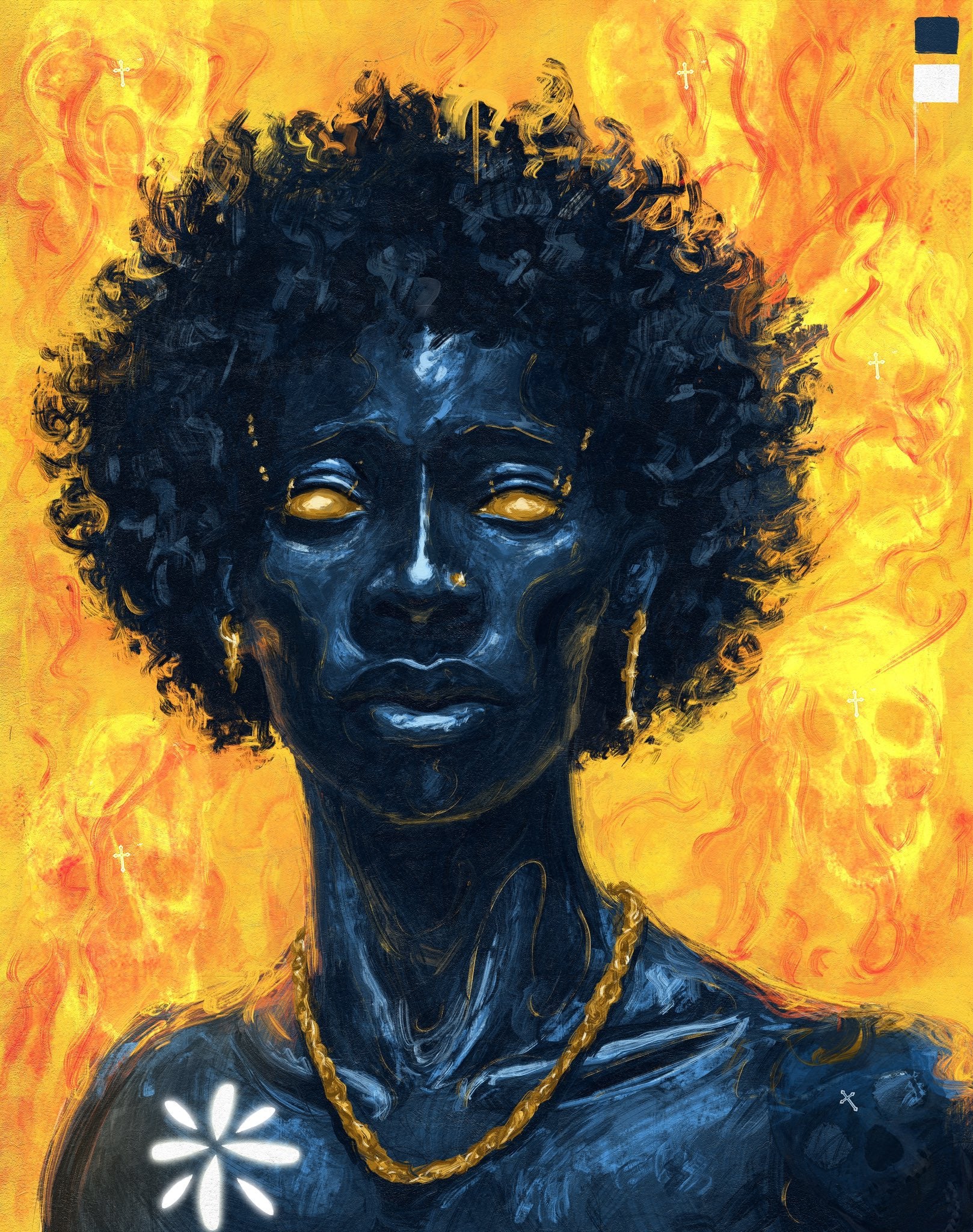 Morningstar by Anthony Azekwoh: an indigo-skinned figure with a large afro and glowing gold eyes against a field of orange flame, wearing a gold chain with a white flower on the chest.