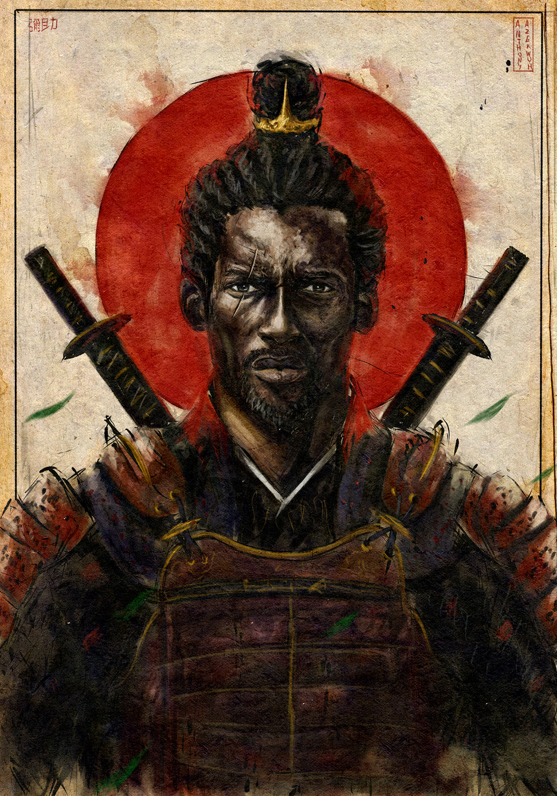 Yasuke by Anthony Azekwoh: the African samurai with two crossed katana before a red sun, in Edo-period armour.